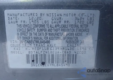 2021 Nissan Versa Sv Xtronic Cvt z USA, uszkodzony, nr VIN 3N1CN8EV7ML845490